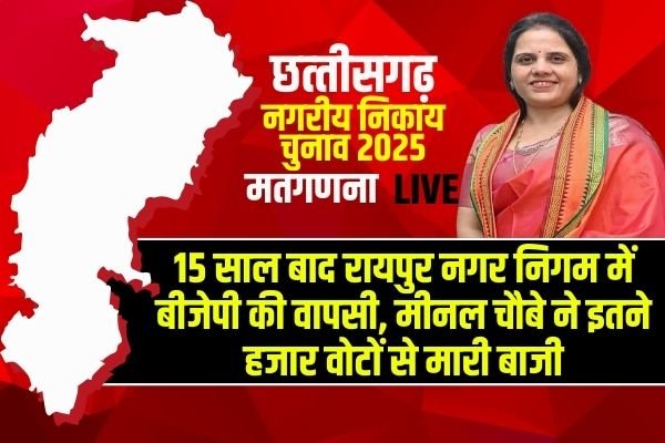 Raipur Nikay Chunav Result 2025 LIVE : 15 साल बाद रायपुर नगर निगम में बीजेपी की वापसी, मीनल चौबे ने इतने हजार वोटों से मारी बाजी