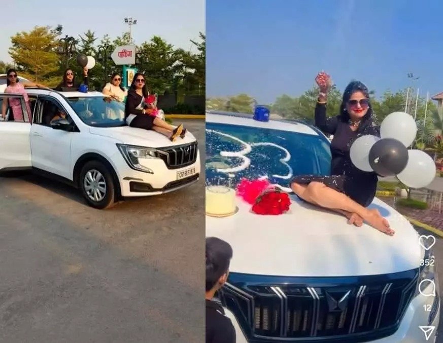नीली बत्ती लगी गाड़ी के बोनट पर बैठकर काटा केक, डीएसपी साहब की पत्नी ने बनाई रील, छत्तीसगढ़ के रामानुजगंज में उड़ी नियमों की धज्जियां