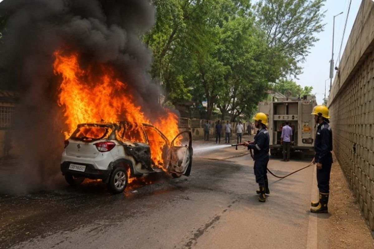 CG Durg News: दुर्ग में बड़ा हादसा टला: बायपास रोड पर दौड़ती कार में लगी भीषण आग, मची अफरा-तफरी