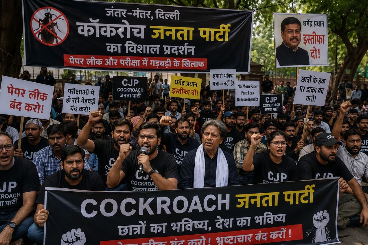 जंतर-मंतर पर ‘कॉकरोच जनता पार्टी’ का प्रदर्शन: पेपर लीक के खिलाफ हुंकार, शिक्षा मंत्री के इस्तीफे की मांग