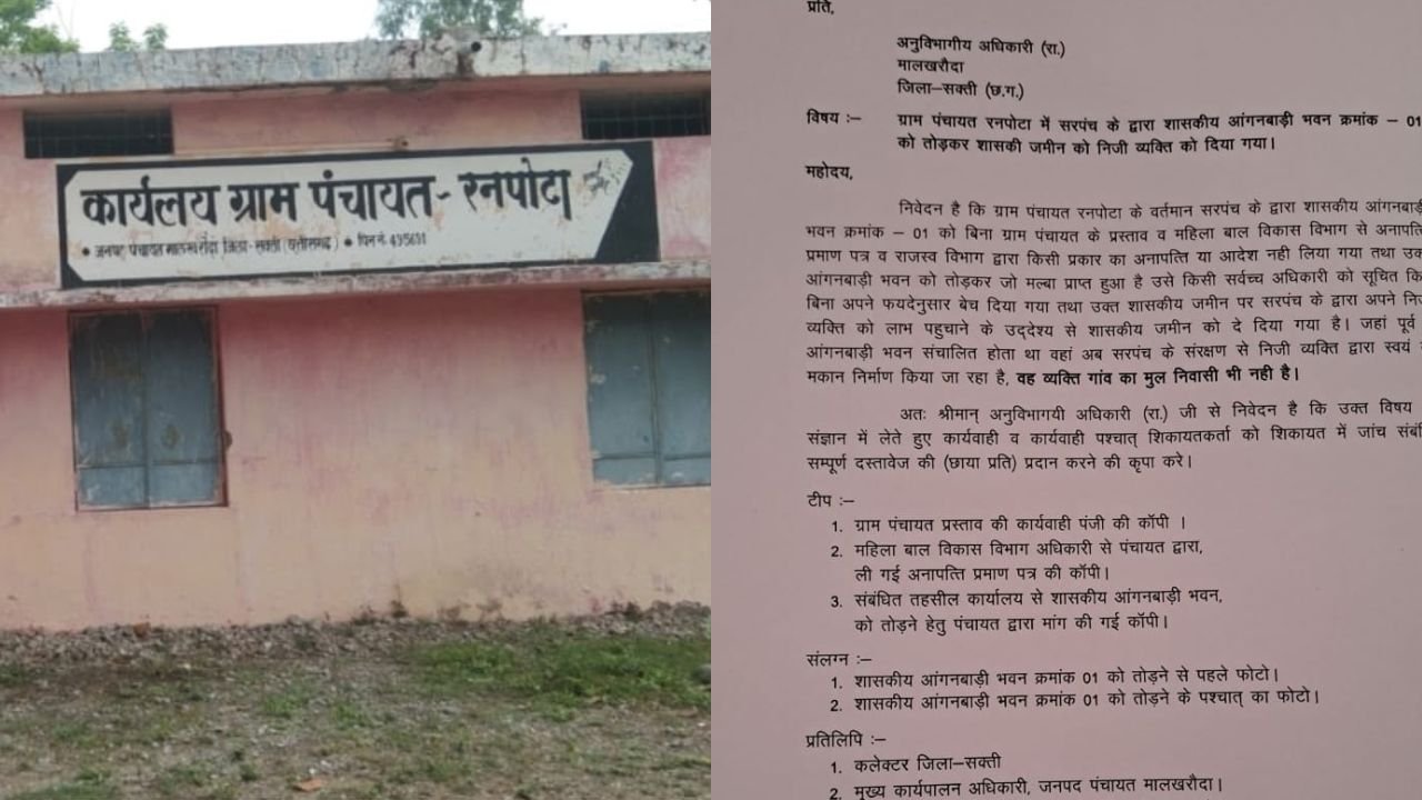 Sakti News: शासकीय आंगनबाड़ी भवन तुड़वाकर जमीन बेचने का आरोप, रनपोटा सरपंच के खिलाफ शिकायत; जांच के आदेश