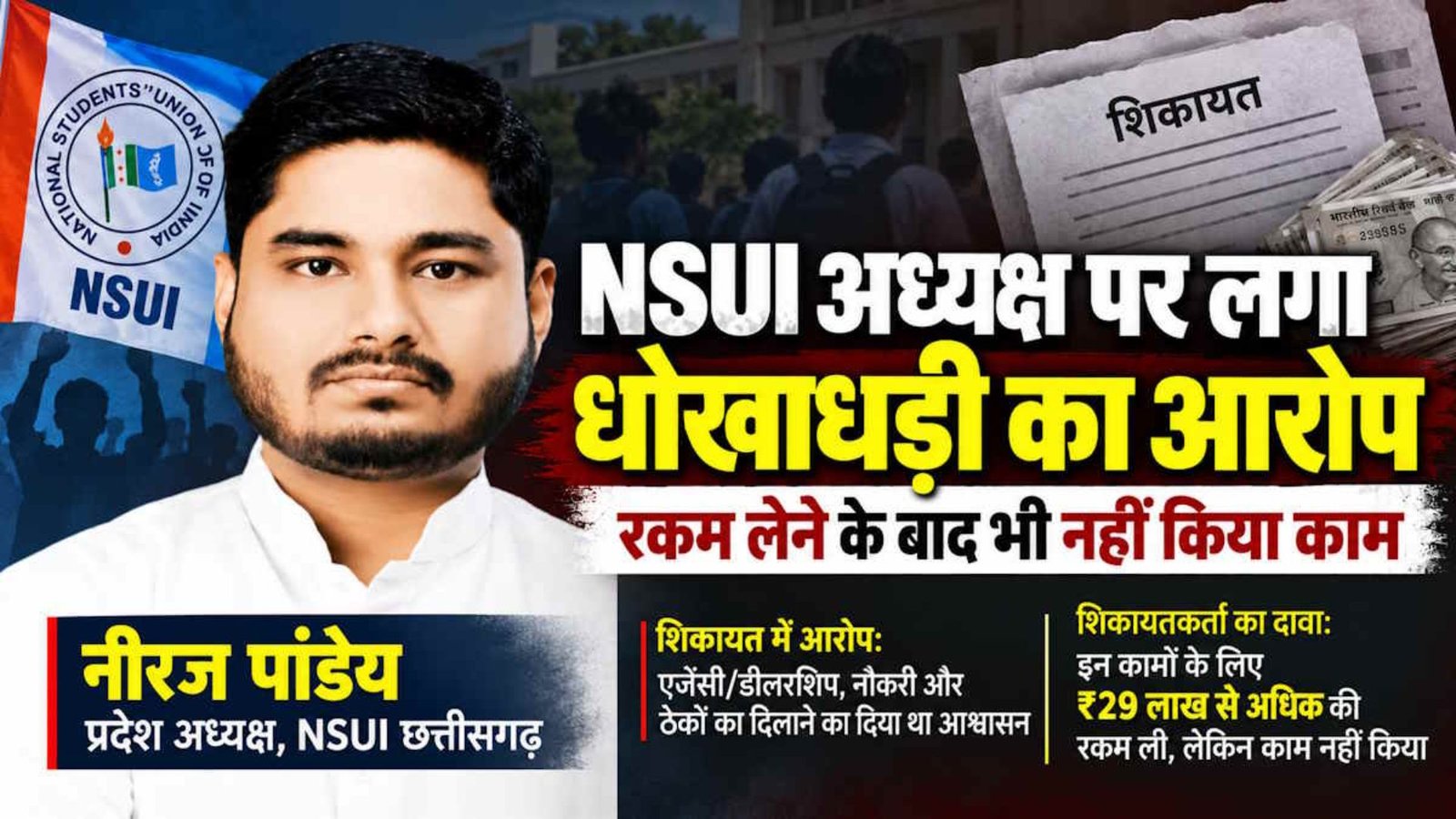 Raipur News : NSUI अध्यक्ष नीरज पांडेय पर धोखाधड़ी का आरोप, पीड़ित ने सुरक्षा को लेकर जताई चिंता