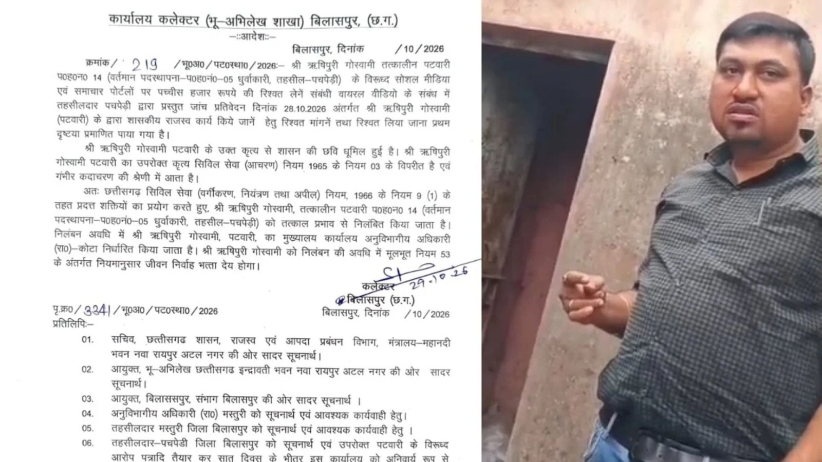 Chhattisgarh Latest News: 25 हजार रुपए रिश्वत लेने के आरोप में पटवारी निलंबित, कलेक्टर ने दिए जांच के निर्देश